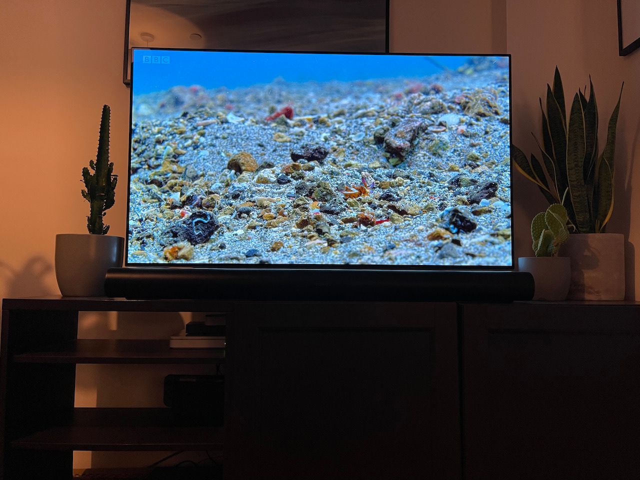 Photo of TV setup with LG CX and Sonos Arc soundbar, demonstrating a minimal between the bottom of the TV and top of the soundbar when viewing from an laying down position.